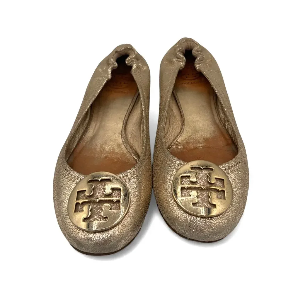 Tory Burch Minnie Travel‎ Metallic Gold Sz 7 Shimmer Medallion Flats w/ COA
